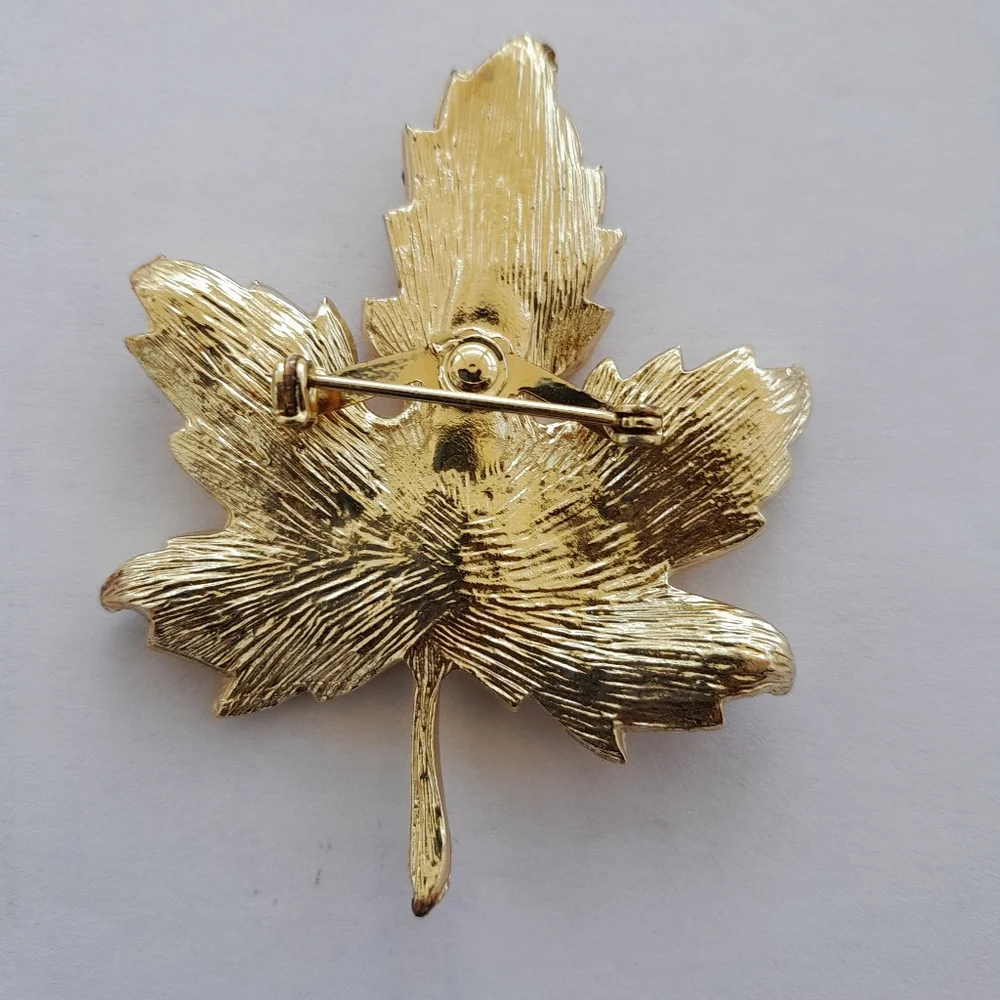 Vintage Gold Tone and Orange Leaf Brooch